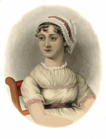 जेन ऑस्टेन। अंग्रेजी लेखक जेन ऑस्टेन का चित्रण 1775-1817। उत्कीर्णन, 1870।